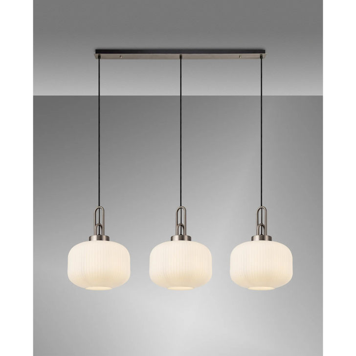 Idolite Camille Linear 3 Light Pendant E27, Antique Silver/Matt Black With 30cm Pumpkin Shaped Ribbed Opal Glass