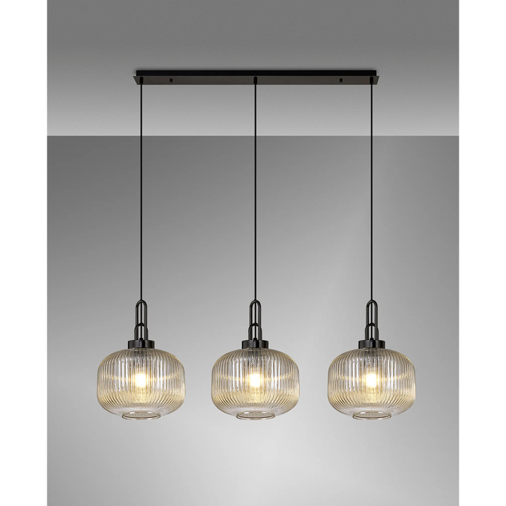 Idolite Camille Linear 3 Light Pendant E27, Black Chrome/Matt Black With 30cm Pumpkin Shaped Ribbed Champagne Glass
