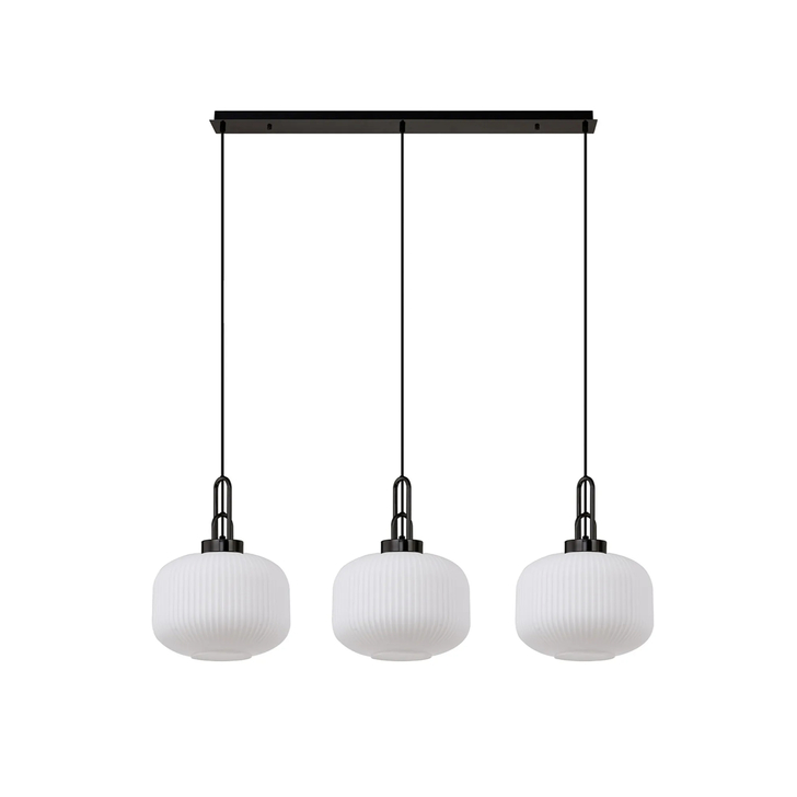 Idolite Camille Linear 3 Light Pendant E27, Black Chrome/Matt Black With 30cm Pumpkin Shaped Ribbed Opal Glass