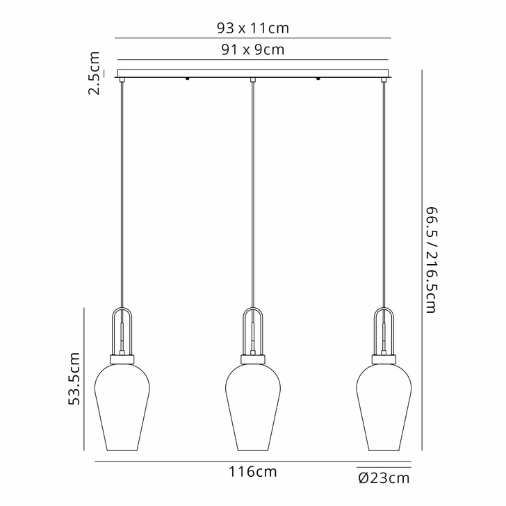 Idolite Camille Linear 3 Light Pendant E27 With 23cm Pear Glass, Brass Gold/Clear Brass Gold/Matt Black