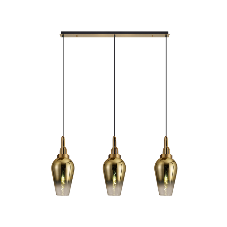 Idolite Camille Linear 3 Light Pendant E27 With 23cm Pear Glass, Brass Gold/Clear Brass Gold/Matt Black