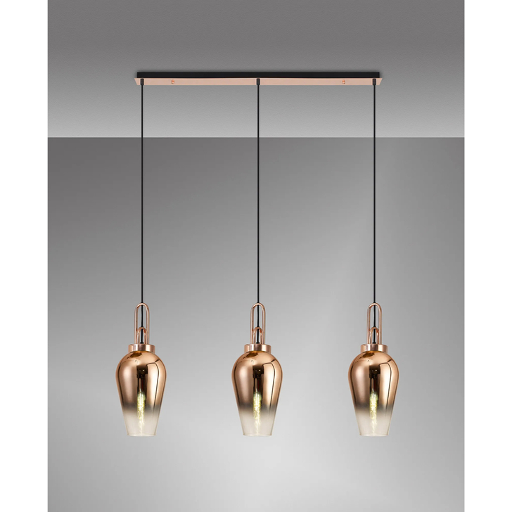 Idolite Camille Linear 3 Light Pendant E27 With 23cm Pear Glass, Copper/Clear Copper/Matt Black