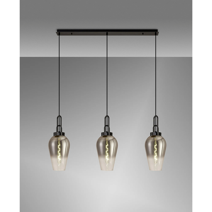 Idolite Camille Linear 3 Light Pendant E27 With 23cm Pear Glass, Smoked/Clear Black Chrome/Matt Black