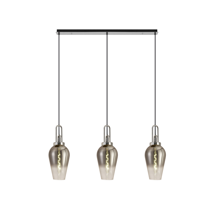 Idolite Camille Linear 3 Light Pendant E27 With 23cm Pear Glass, Smoked/Clear Polished Nickel/Matt Black