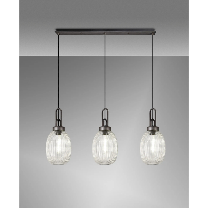 Idolite Camille Linear 3 Light Pendant With 20cm Almond Ribbed Glass, Aged Pewter/Matt Black Clear