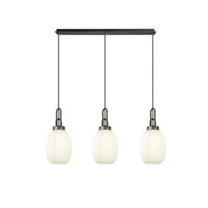 Idolite Camille Linear 3 Light Pendant With 20cm Almond Ribbed Glass, Aged Pewter/Matt Black Opal