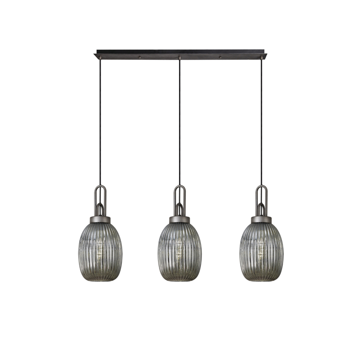 Idolite Camille Linear 3 Light Pendant With 20cm Almond Ribbed Glass, Aged Pewter/Matt Black Smoked