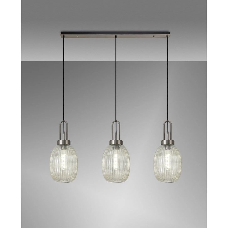 Idolite Camille Linear 3 Light Pendant With 20cm Almond Ribbed Glass, Antique Silver/Matt Black Champagne
