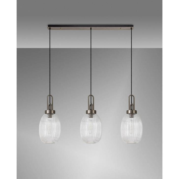 Idolite Camille Linear 3 Light Pendant With 20cm Almond Ribbed Glass, Antique Silver/Matt Black Clear