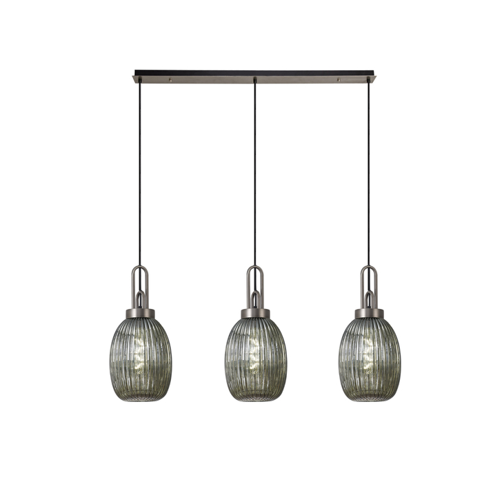 Idolite Camille Linear 3 Light Pendant With 20cm Almond Ribbed Glass, Antique Silver/Matt Black Smoked