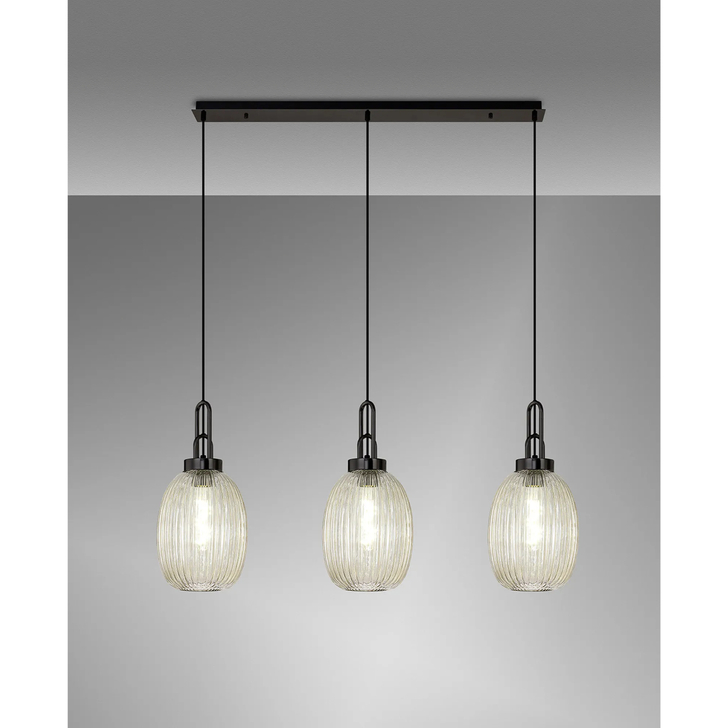 Idolite Camille Linear 3 Light Pendant With 20cm Almond Ribbed Glass, Black Chrome/Matt Black Champagne