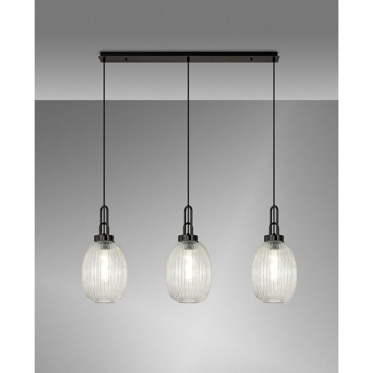 Idolite Camille Linear 3 Light Pendant With 20cm Almond Ribbed Glass, Black Chrome/Matt Black Clear
