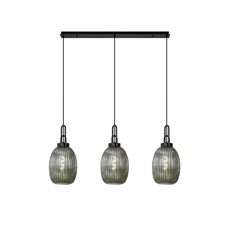 Idolite Camille Linear 3 Light Pendant With 20cm Almond Ribbed Glass, Black Chrome/Matt Black Smoked