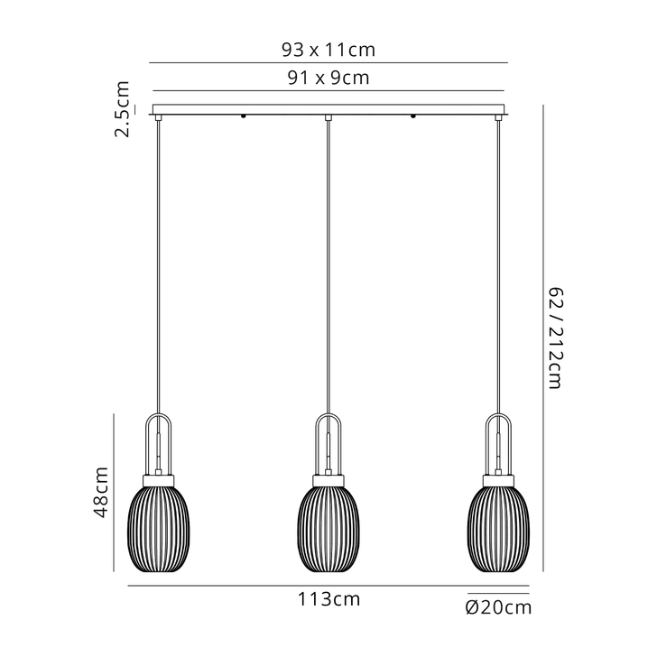 Idolite Camille Linear 3 Light Pendant With 20cm Almond Ribbed Glass, Matt Black/Matt Black Champagne