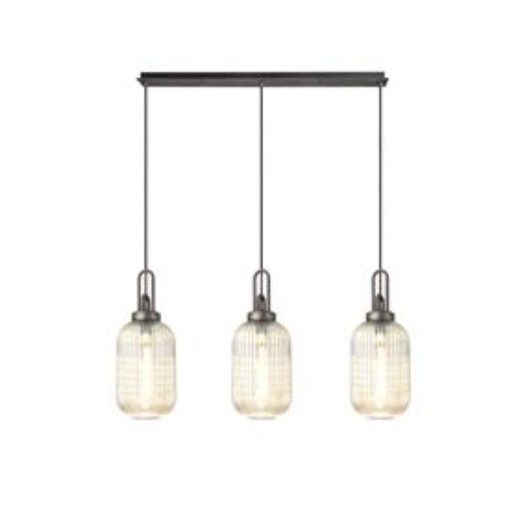 Idolite Camille Linear 3 Light Pendant With 20cm Tubular Ribbed Glass, Aged Pewter/Matt Black Champagne
