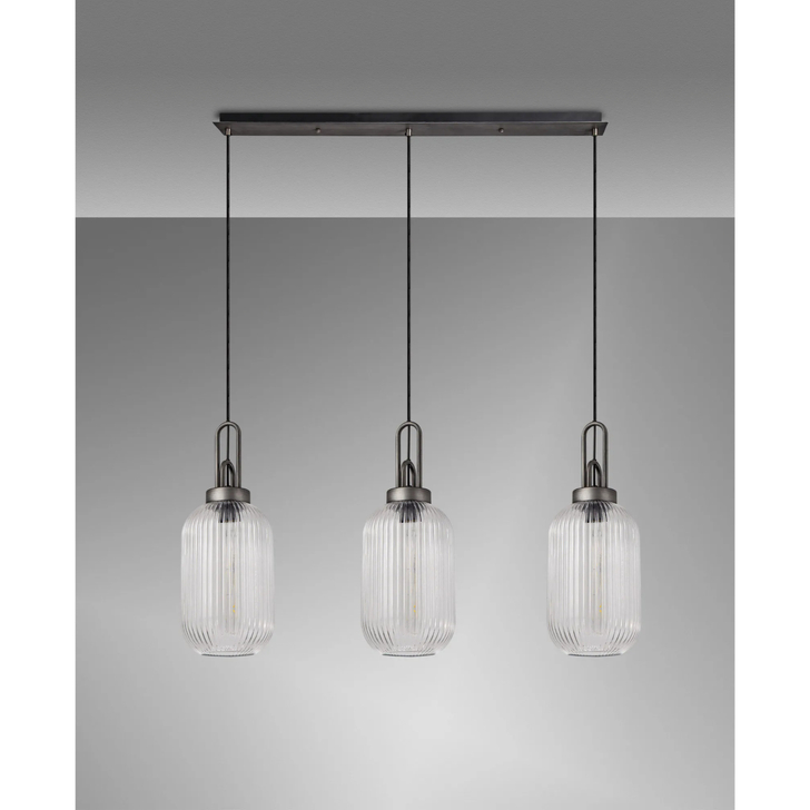 Idolite Camille Linear 3 Light Pendant With 20cm Tubular Ribbed Glass, Aged Pewter/Matt Black Clear