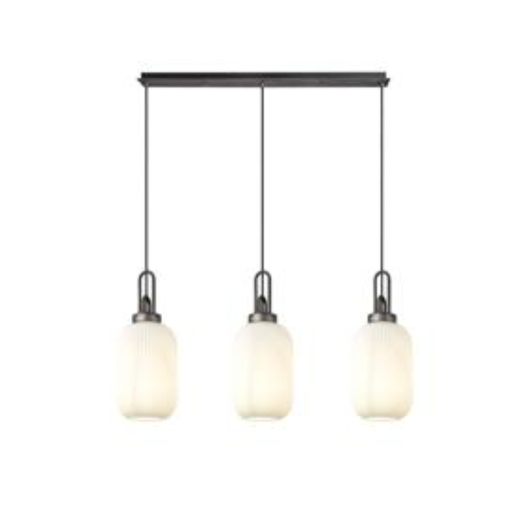 Idolite Camille Linear 3 Light Pendant With 20cm Tubular Ribbed Glass, Aged Pewter/Matt Black Opal