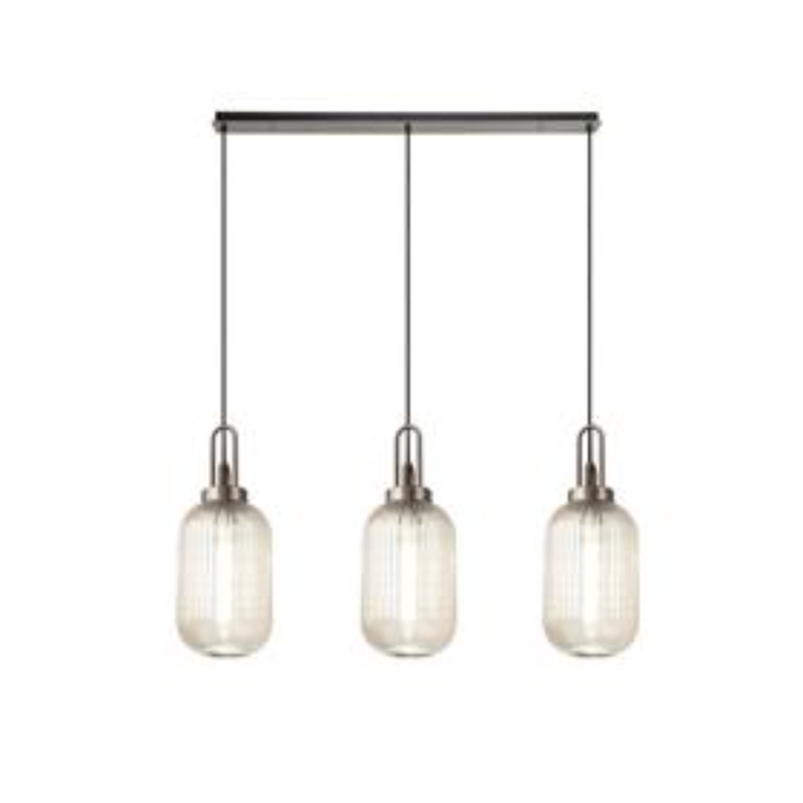 Idolite Camille Linear 3 Light Pendant With 20cm Tubular Ribbed Glass, Antique Silver/Matt Black Champagne