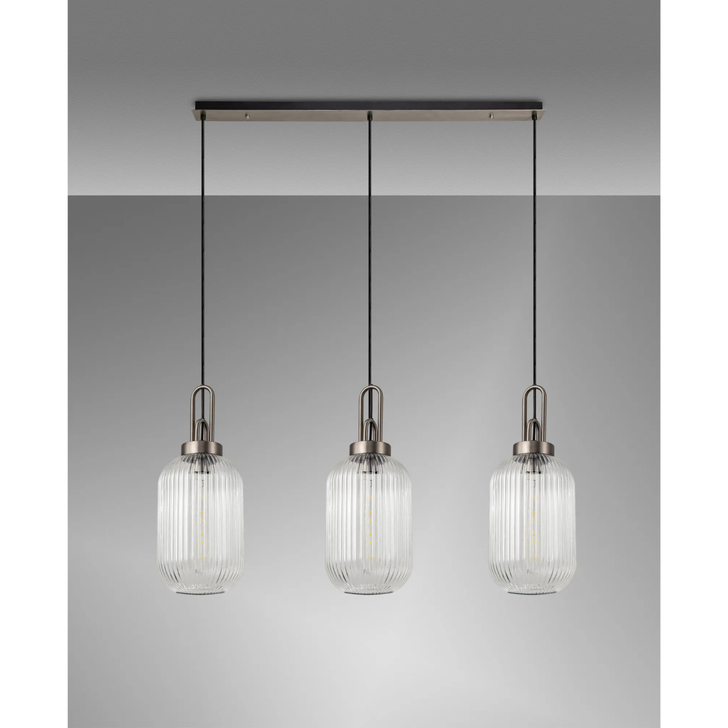 Idolite Camille Linear 3 Light Pendant With 20cm Tubular Ribbed Glass, Antique Silver/Matt Black Clear