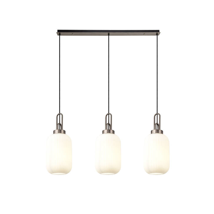 Idolite Camille Linear 3 Light Pendant With 20cm Tubular Ribbed Glass, Antique Silver/Matt Black Opal