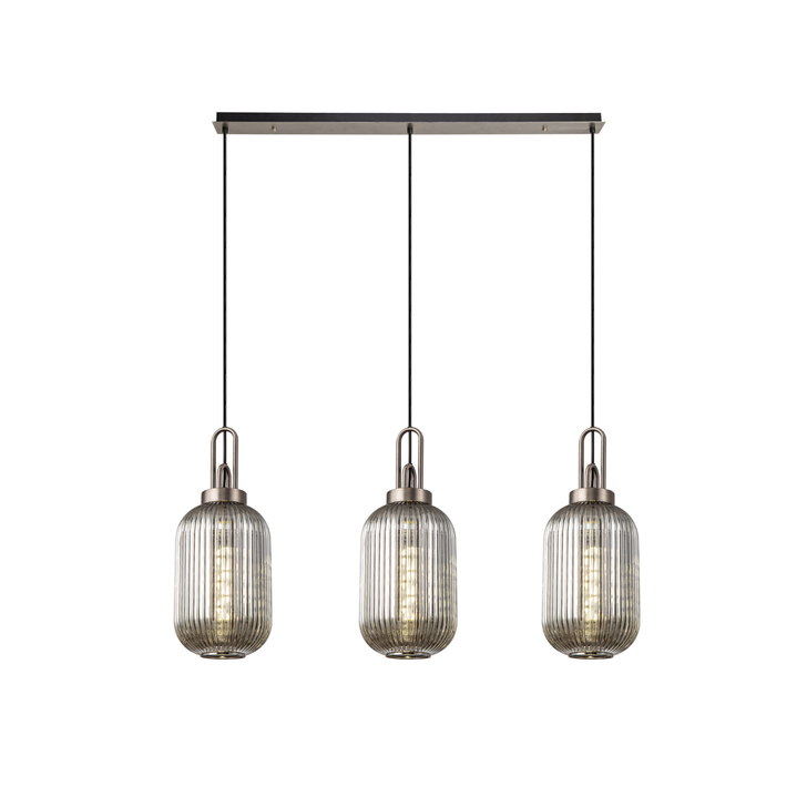 Idolite Camille Linear 3 Light Pendant With 20cm Tubular Ribbed Glass, Antique Silver/Matt Black Smoked