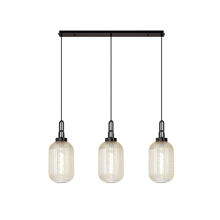 Idolite Camille Linear 3 Light Pendant With 20cm Tubular Ribbed Glass, Black Chrome/Matt Black Champagne