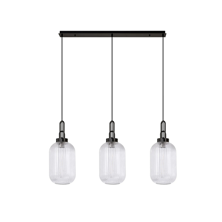 Idolite Camille Linear 3 Light Pendant With 20cm Tubular Ribbed Glass, Black Chrome/Matt Black Clear