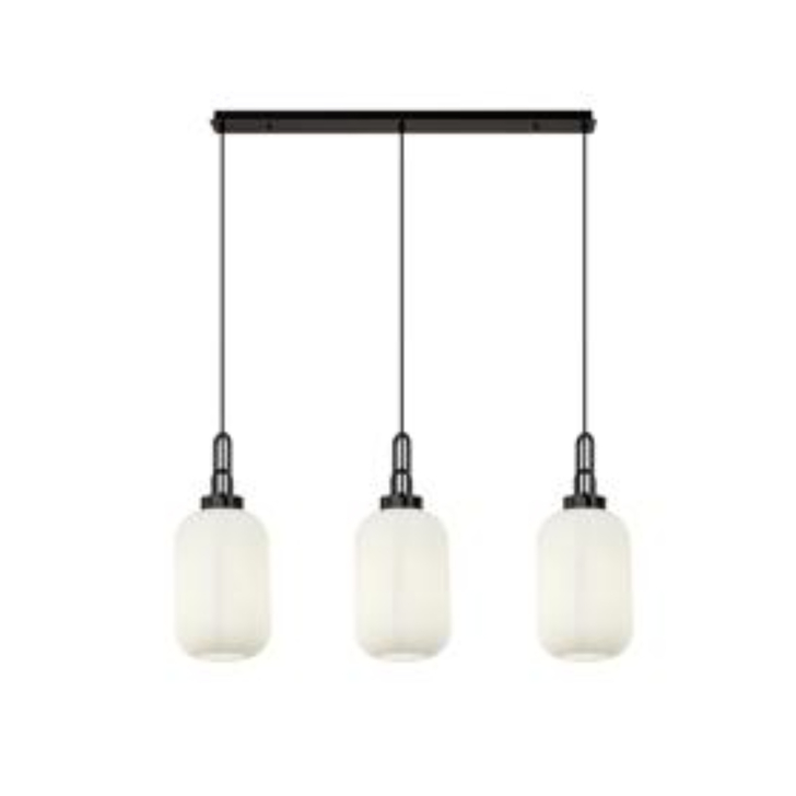 Idolite Camille Linear 3 Light Pendant With 20cm Tubular Ribbed Glass, Black Chrome/Matt Black Opal