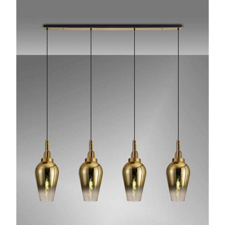 Idolite Camille Linear 4 Light Pendant E27 With 23cm Pear Glass, Brass Gold/Clear Brass Gold/Matt Black