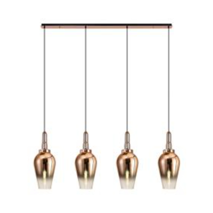 Idolite Camille Linear 4 Light Pendant E27 With 23cm Pear Glass, Copper/Clear Copper/Matt Black