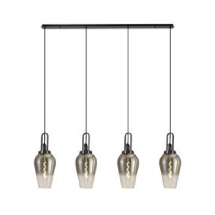 Idolite Camille Linear 4 Light Pendant E27 With 23cm Pear Glass, Smoked/Clear Black Chrome/Matt Black