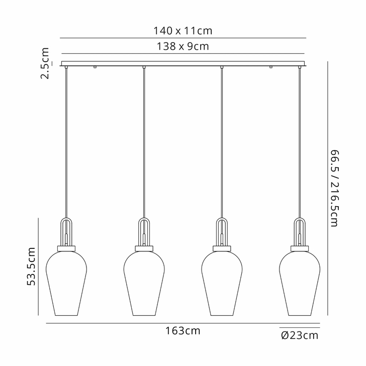 Idolite Camille Linear 4 Light Pendant E27 With 23cm Pear Glass, Smoked/Clear Polished Nickel/Matt Black