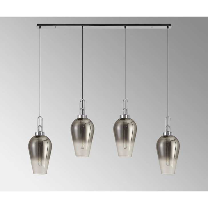 Idolite Camille Linear 4 Light Pendant E27 With 23cm Pear Glass, Smoked/Clear Polished Nickel/Matt Black