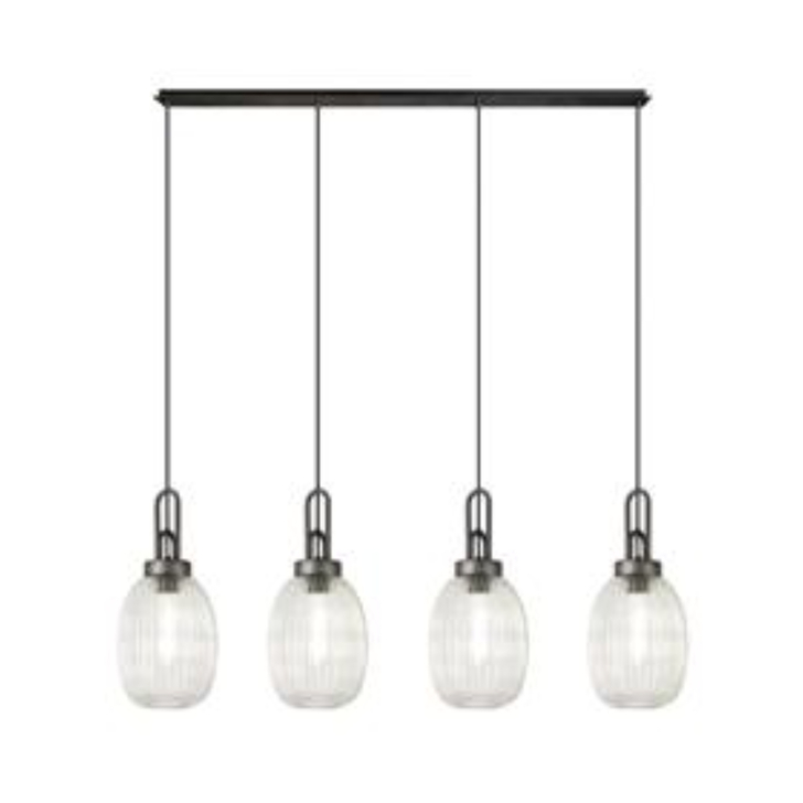 Idolite Camille Linear 4 Light Pendant With 20cm Almond Ribbed Glass, Aged Pewter/Matt Black Clear