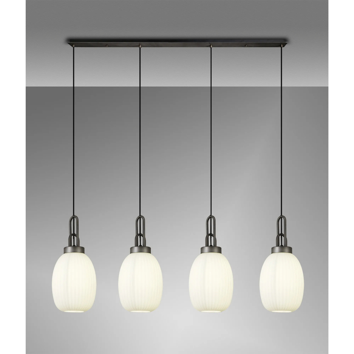 Idolite Camille Linear 4 Light Pendant With 20cm Almond Ribbed Glass, Aged Pewter/Matt Black Opal