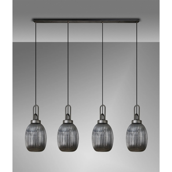 Idolite Camille Linear 4 Light Pendant With 20cm Almond Ribbed Glass, Aged Pewter/Matt Black Smoked