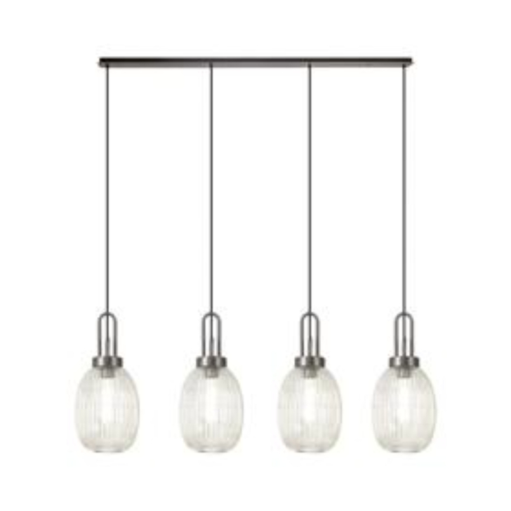 Idolite Camille Linear 4 Light Pendant With 20cm Almond Ribbed Glass, Antique Silver/Matt Black Champagne