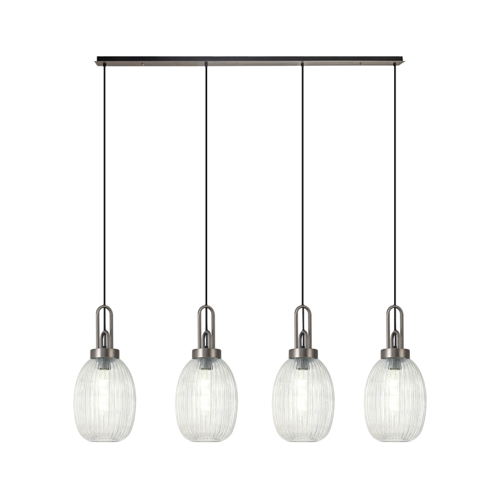 Idolite Camille Linear 4 Light Pendant With 20cm Almond Ribbed Glass, Antique Silver/Matt Black Clear