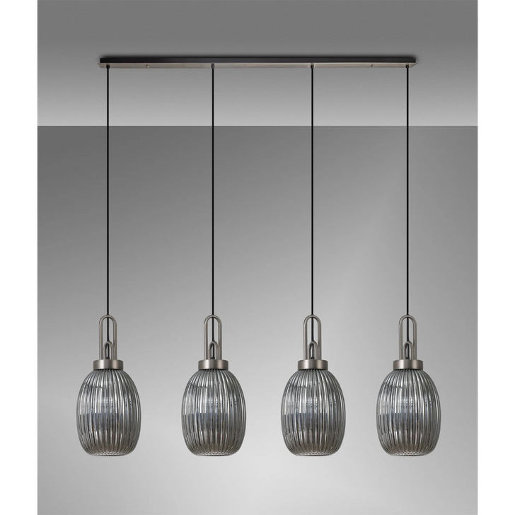 Idolite Camille Linear 4 Light Pendant With 20cm Almond Ribbed Glass, Antique Silver/Matt Black Smoked