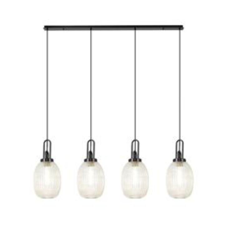 Idolite Camille Linear 4 Light Pendant With 20cm Almond Ribbed Glass, Black Chrome/Matt Black Champagne