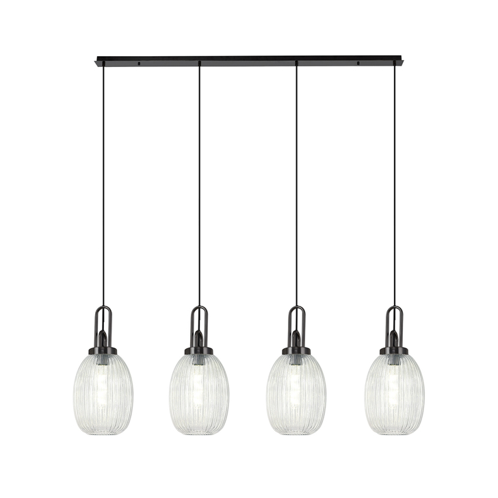 Idolite Camille Linear 4 Light Pendant With 20cm Almond Ribbed Glass, Black Chrome/Matt Black Clear