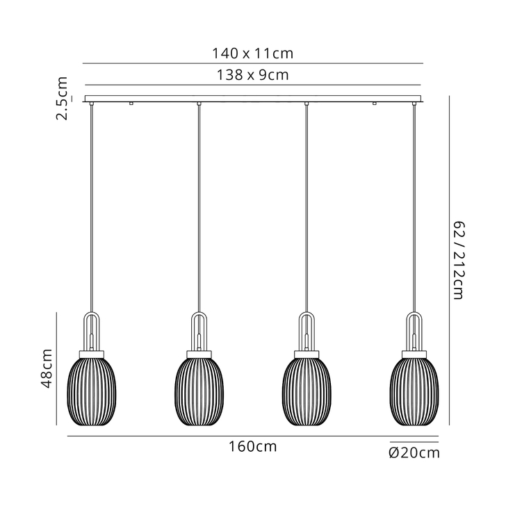 Idolite Camille Linear 4 Light Pendant With 20cm Almond Ribbed Glass, Black Chrome/Matt Black Opal