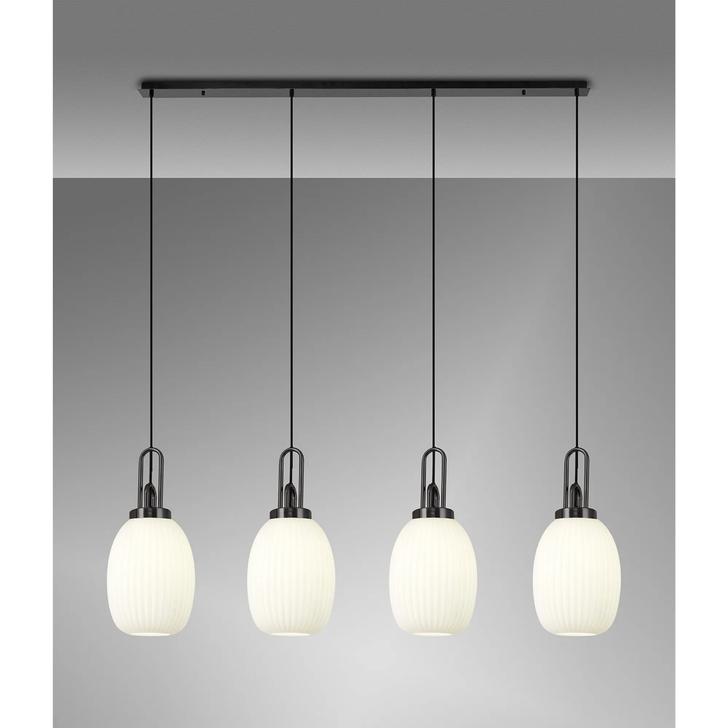 Idolite Camille Linear 4 Light Pendant With 20cm Almond Ribbed Glass, Black Chrome/Matt Black Opal