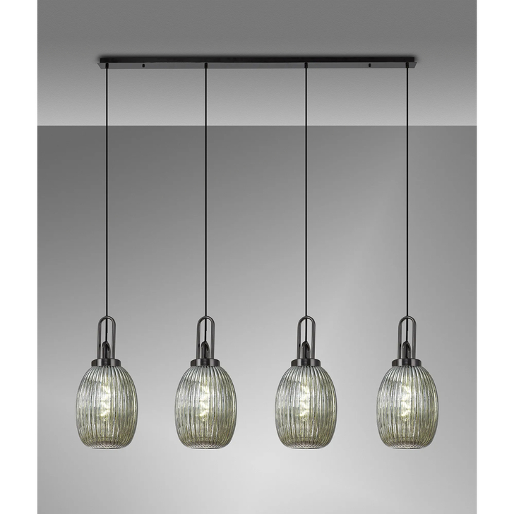 Idolite Camille Linear 4 Light Pendant With 20cm Almond Ribbed Glass, Black Chrome/Matt Black Smoked