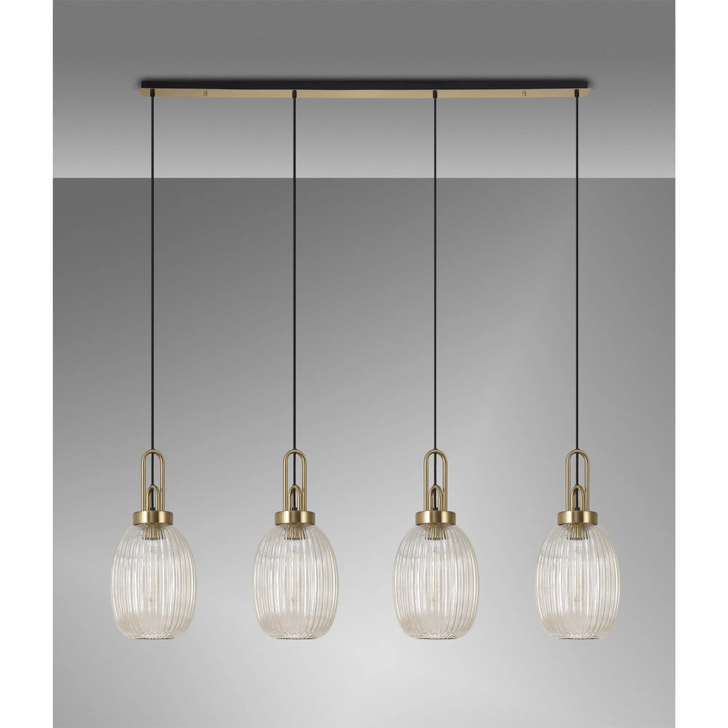 Idolite Camille Linear 4 Light Pendant With 20cm Almond Ribbed Glass, Brass Gold/Matt Black Champagne