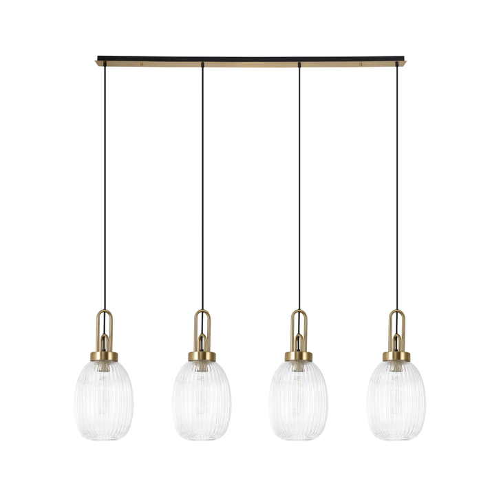 Idolite Camille Linear 4 Light Pendant With 20cm Almond Ribbed Glass, Brass Gold/Matt Black Clear