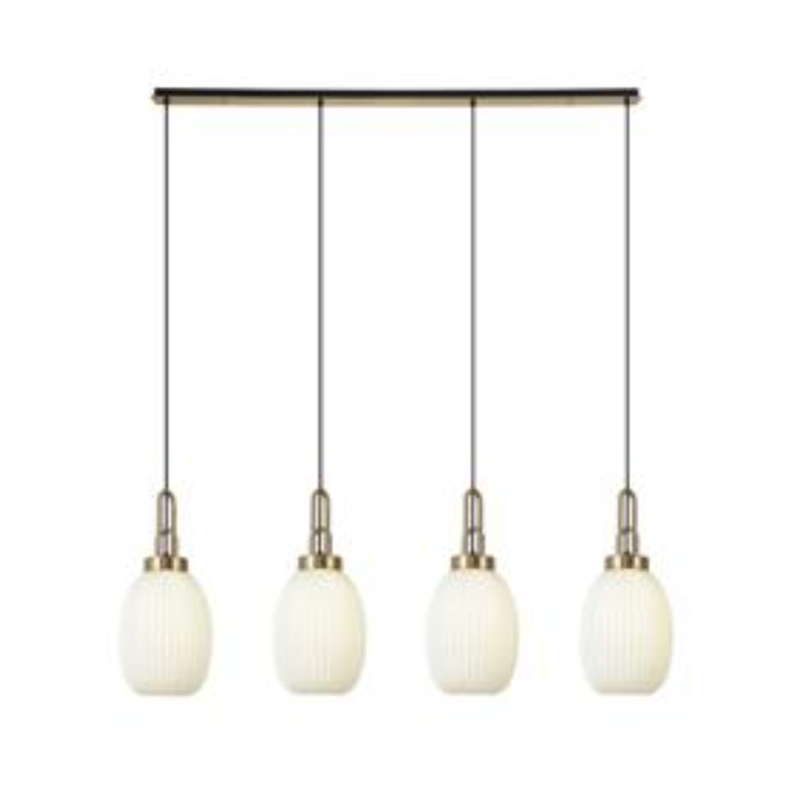 Idolite Camille Linear 4 Light Pendant With 20cm Almond Ribbed Glass, Brass Gold/Matt Black Opal
