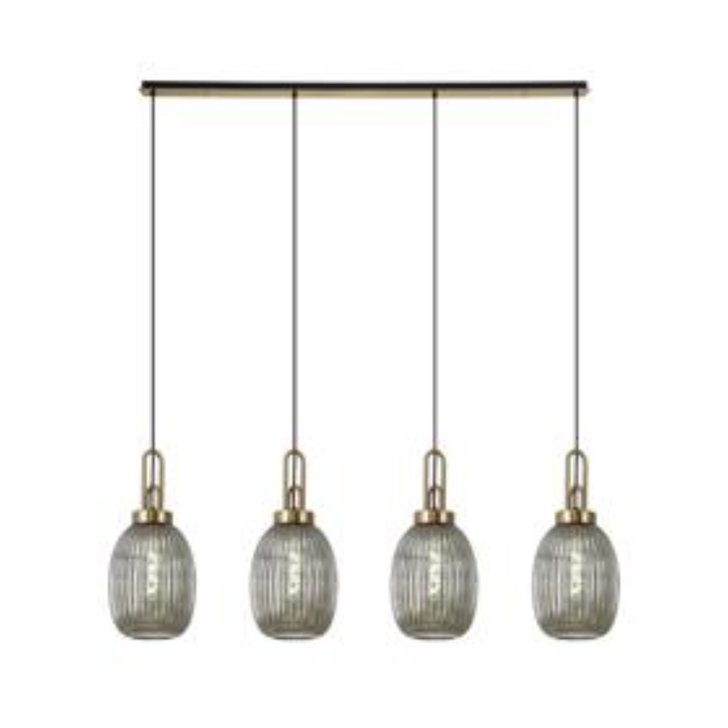 Idolite Camille Linear 4 Light Pendant With 20cm Almond Ribbed Glass, Brass Gold/Matt Black Smoked