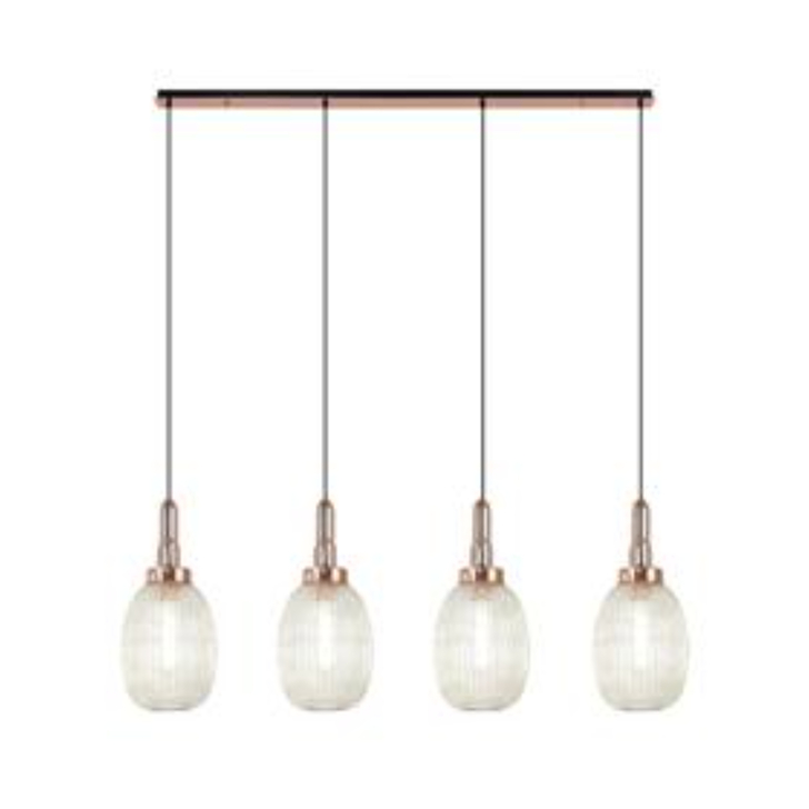 Idolite Camille Linear 4 Light Pendant With 20cm Almond Ribbed Glass, Copper/Matt Black Champagne