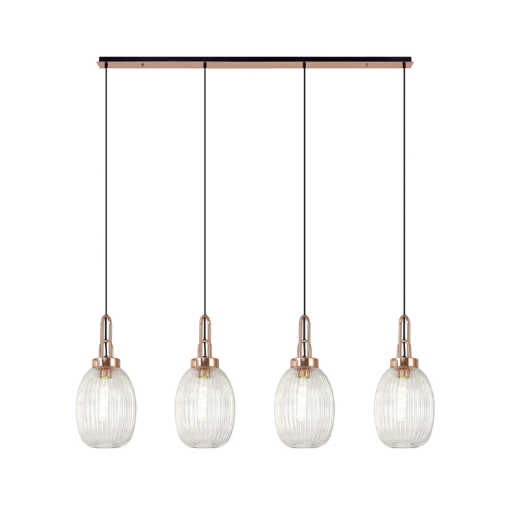 Idolite Camille Linear 4 Light Pendant With 20cm Almond Ribbed Glass, Copper/Matt Black Clear